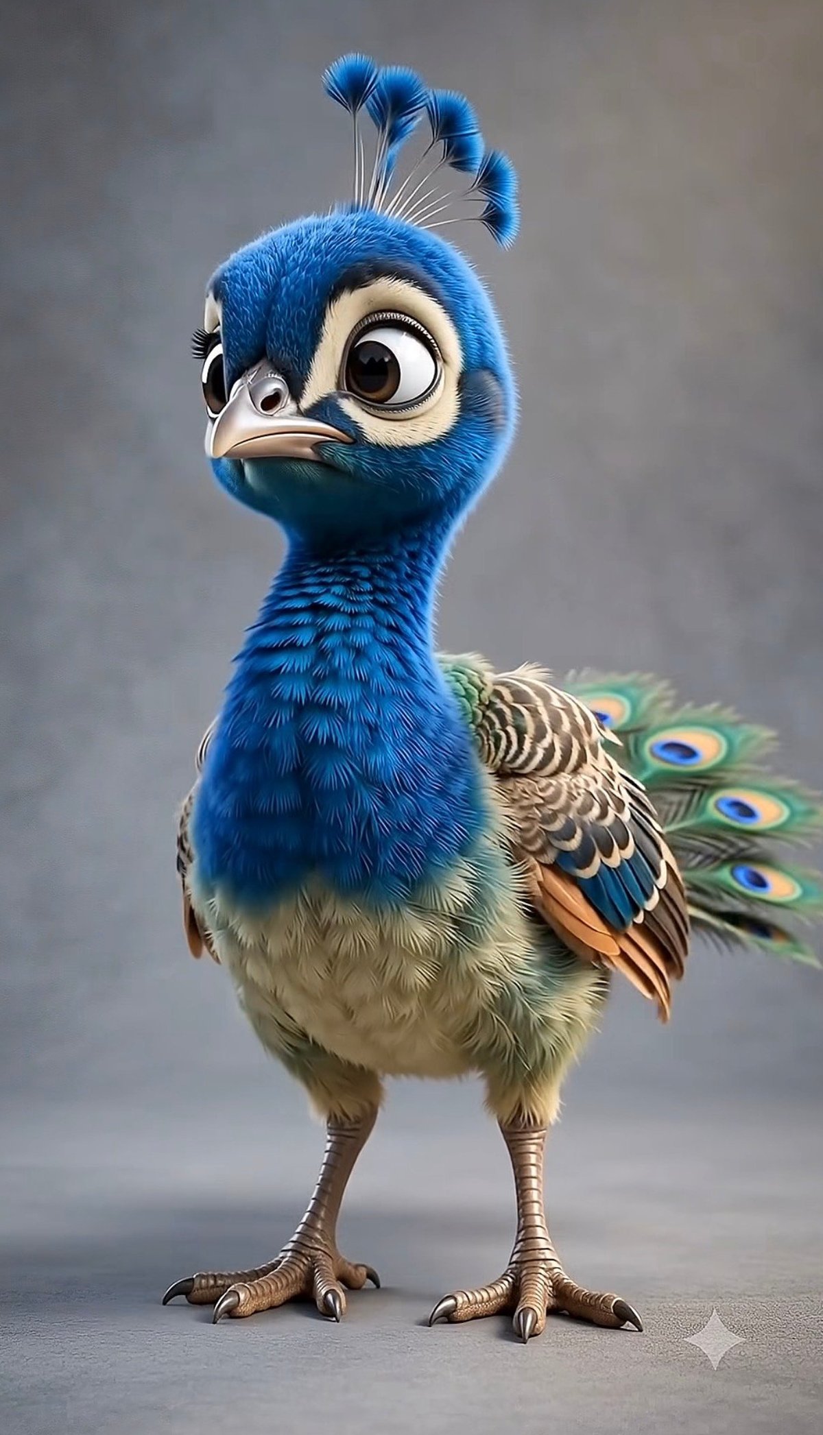 The SOTOE peacock: a blue animated peacock with expressive eyes and decorative tail feathers